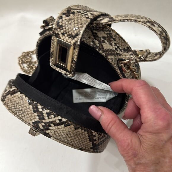 Zara Snakeskin Round Crossbody Bag Gold Chain & Handle Brown Beige Black Lined - Picture 12 of 17